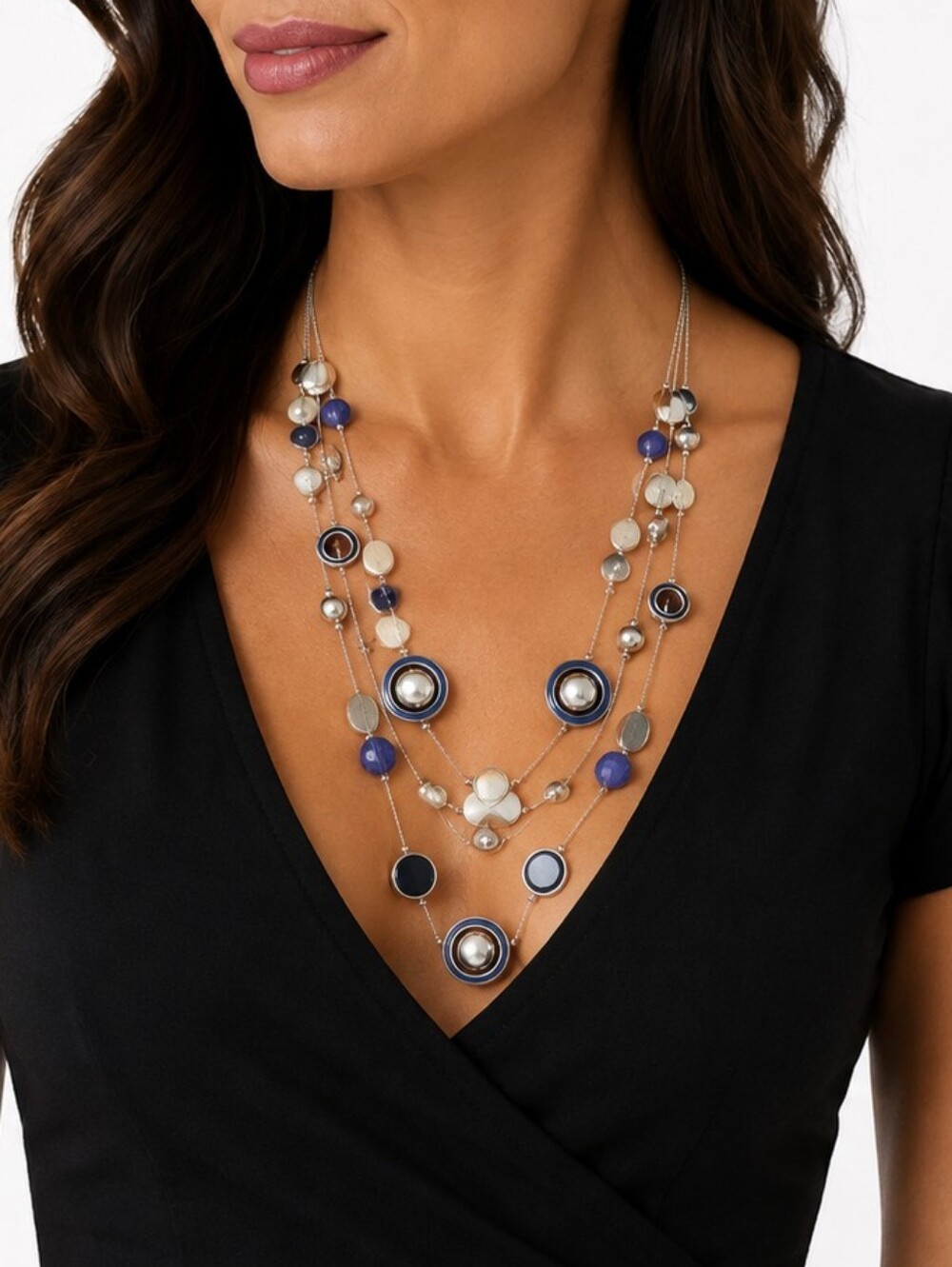 💎 Silver Blue Multi Strand Layered Statement Necklace Beaded Adjustable
